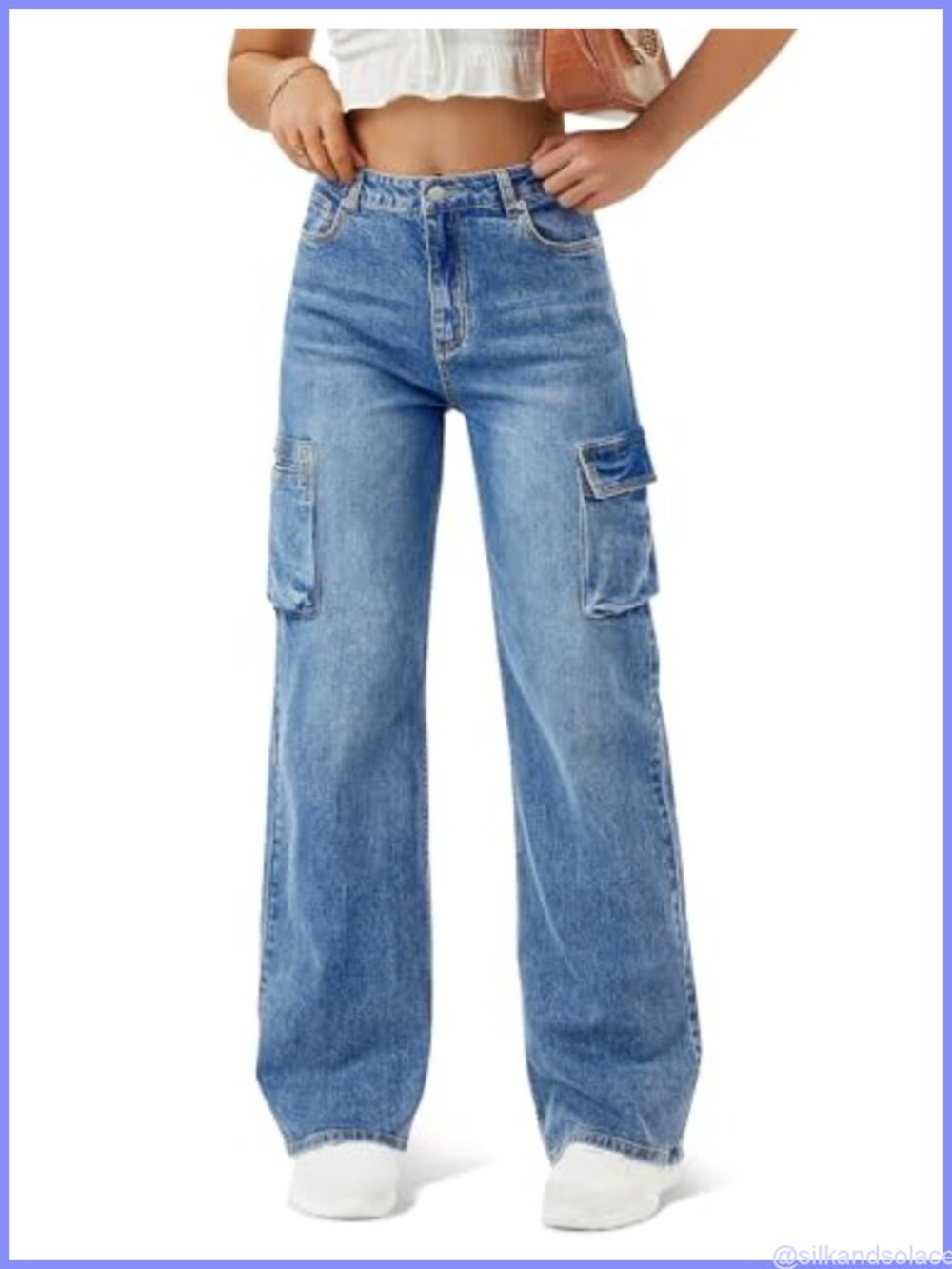 Women's High Waisted Cargo Jeans 6 Pockets Wide Leg Baggy Straight